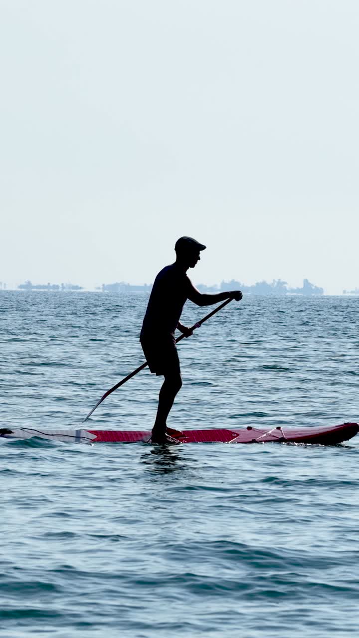 Paddle surfer silhouette sequence on calm water. Vertical