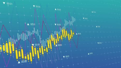 Animación-De-Múltiples-Gráficos-Y-Números-Cambiantes-Sobre-Un-Patrón-De-Cuadrícula-Sobre-Fondo-Azul