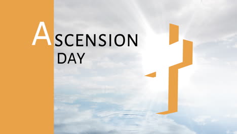 animation of ascension day text and christian orange cross over sun rays and clouded sky