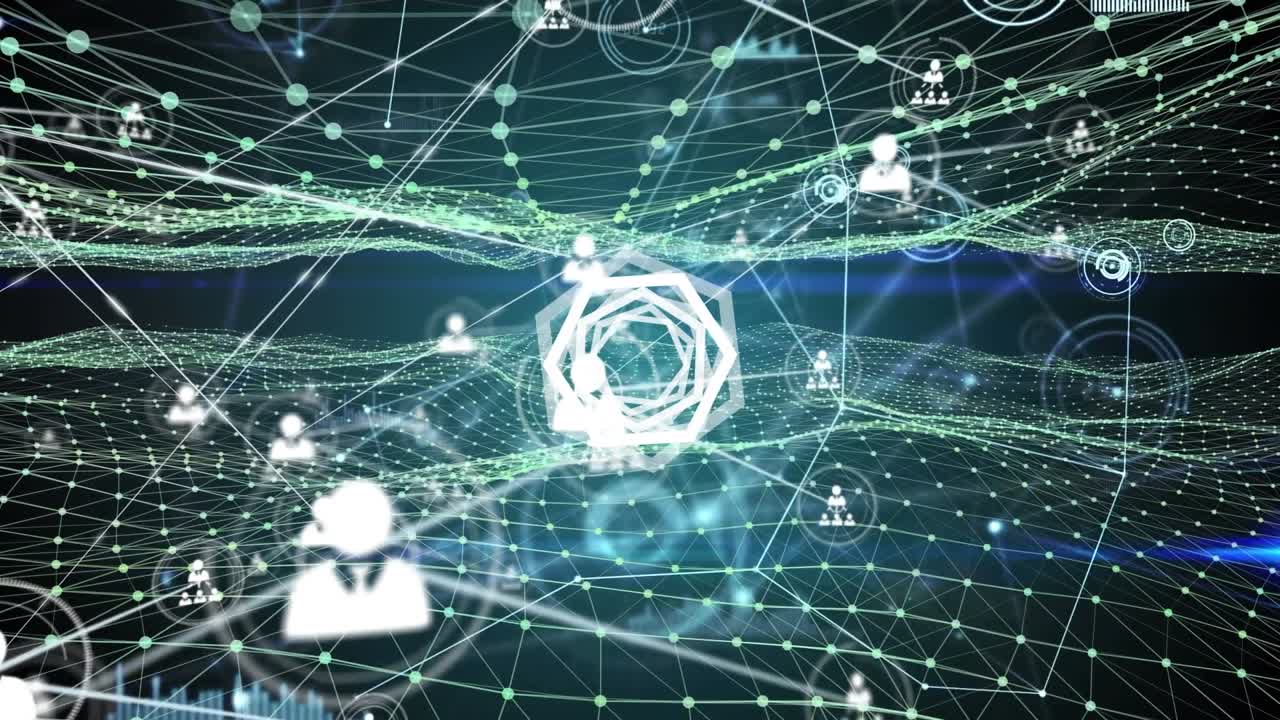 Animation af geometrisk form over netværk af forbindelser på mørk baggrund