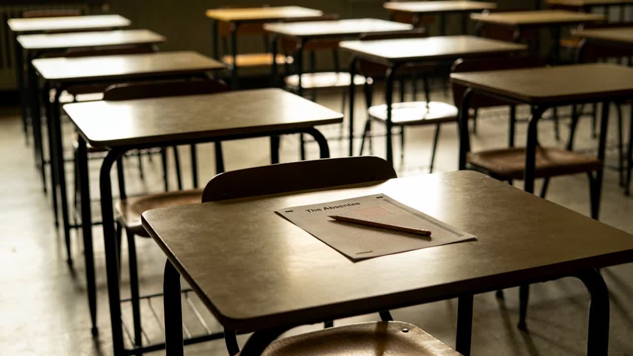 Fotocamera che mette a fuoco e regola l'esposizione su un banco in una scuola, con un foglio intitolato "Compito" e una matita.