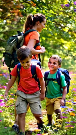 mother and two children hiking through a lush forest in springtime.