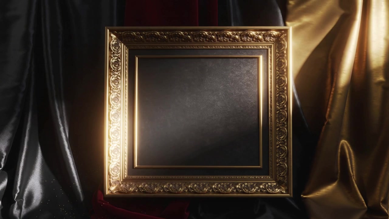 Velluto rosso scorrevole che rivela una cornice dorata su raso nero e oro che incornicia un pannello nero opaco per rivelare