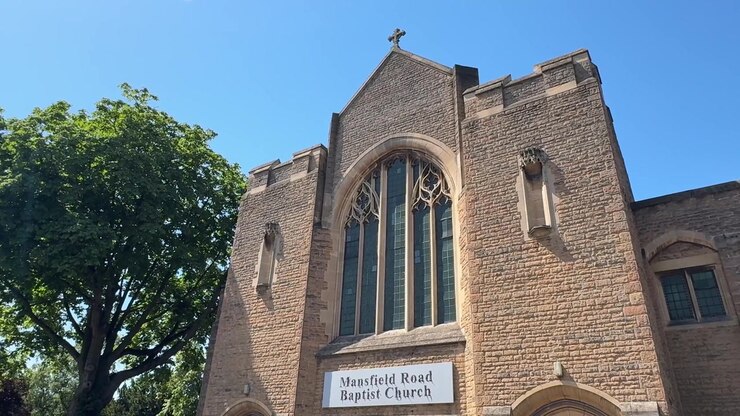 View of Mansfield Road Baptist Church in Nottingham, Nottinghamshire, England, featuring historic church architecture and a notable religious landmark.