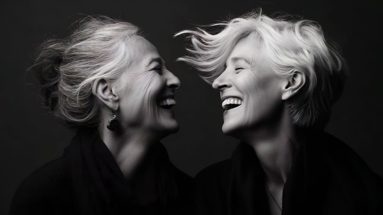 Fesselnde Momente der Freude: Eine künstlerische Erkundung zweier lachender Frauen, die die Schönheit von Verbindung, Lachen und gemeinsamer Erfahrung in zeitlosen Schwarz-Weiß-Bildern hervorhebt