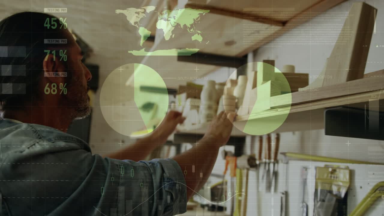 Animación de estadísticas y procesamiento de datos sobre fondo gris