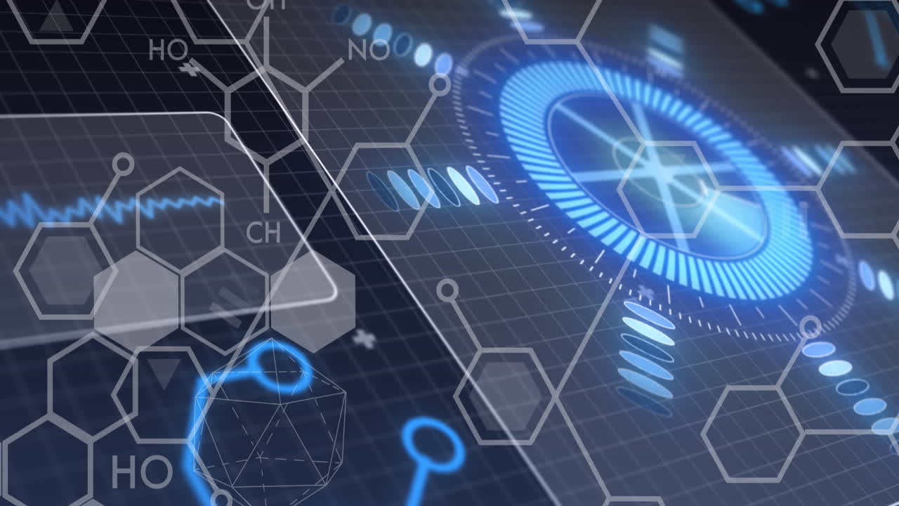 파란색 배경에서 범위의 애니메이션과 과학 데이터 처리