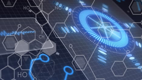 animation of scope and scientific data processing over blue background