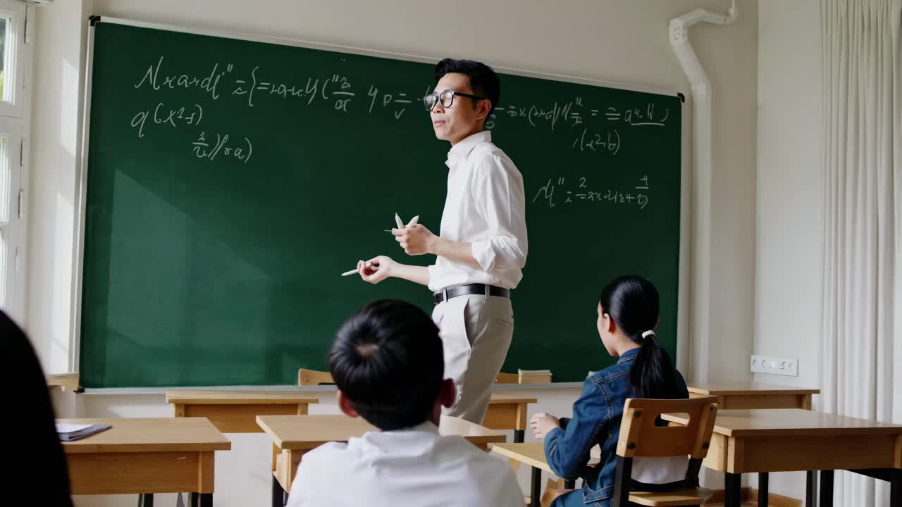 Seorang guru di kelas menjelaskan konsep matematika di papan tulis.