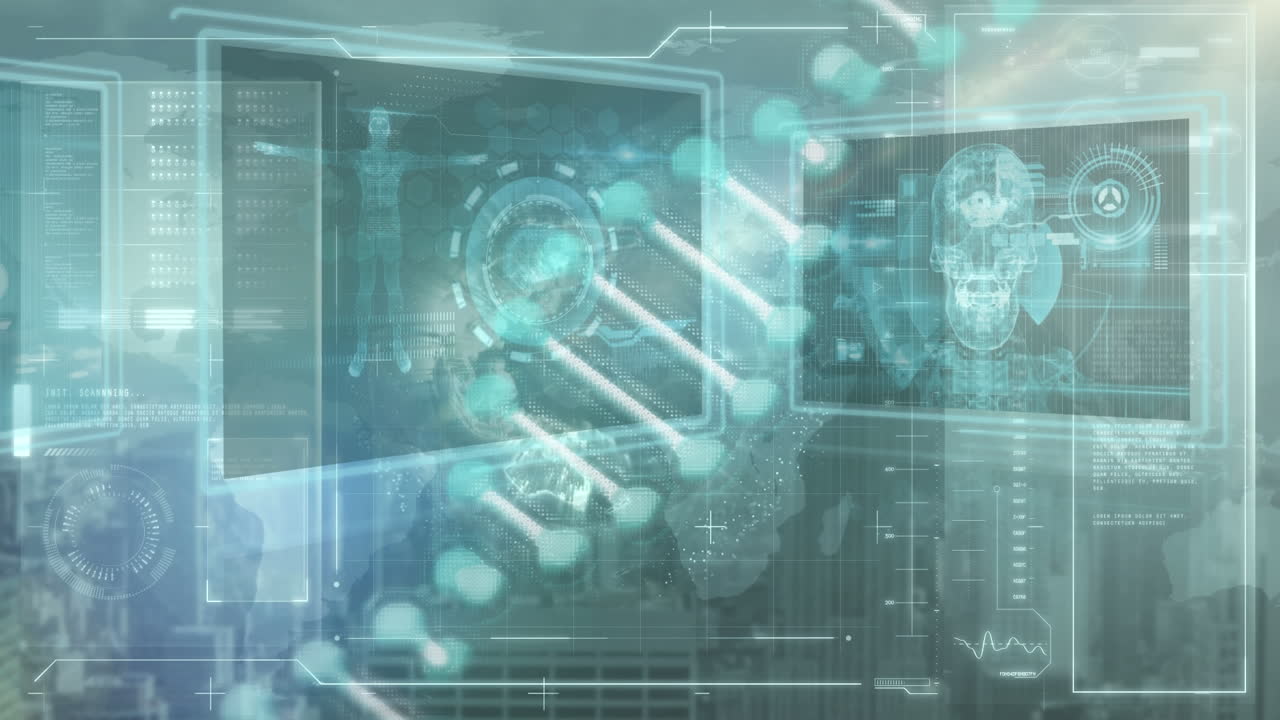 스크린에서 데이터 처리를 통해 회전하는 dna 가닥의 애니메이션