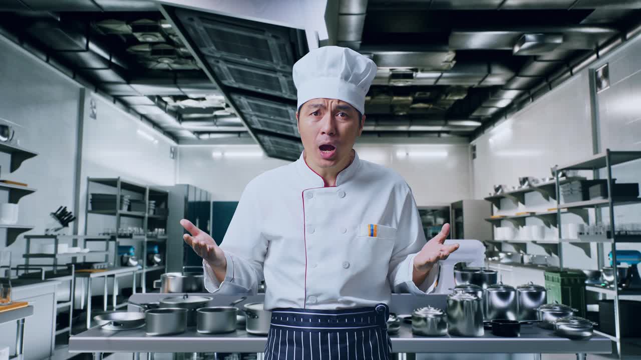 chef mirando molesto en una cocina profesional