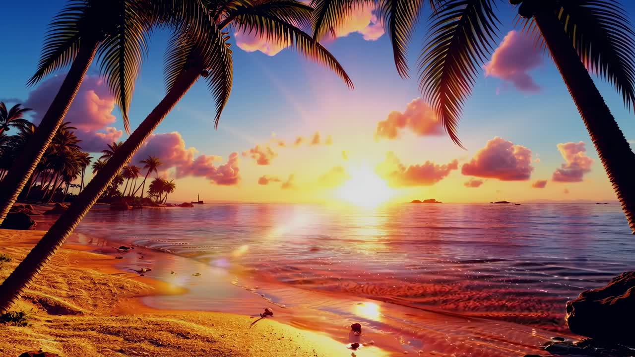 Scena vibrante di tramonto in spiaggia con palme, ripresa all'altezza degli occhi.