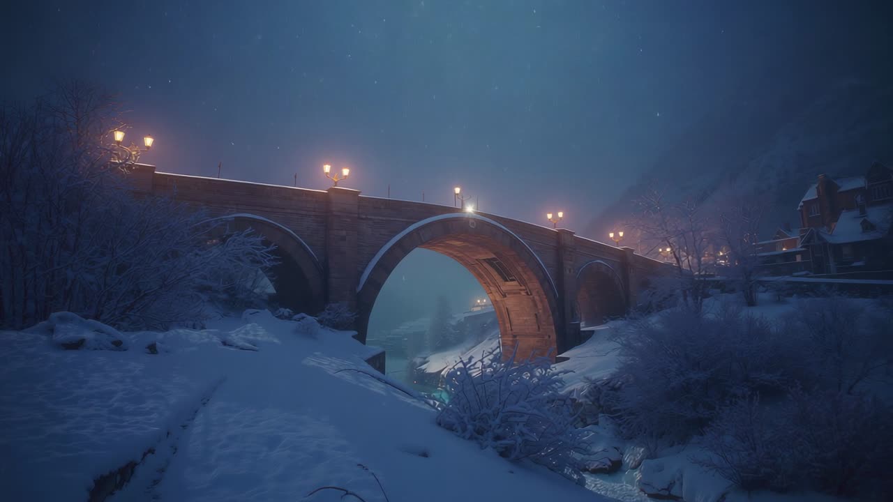 Snowfall drifting at dusk over stone arch bridge at riverside, reflecting street lamp glow on river