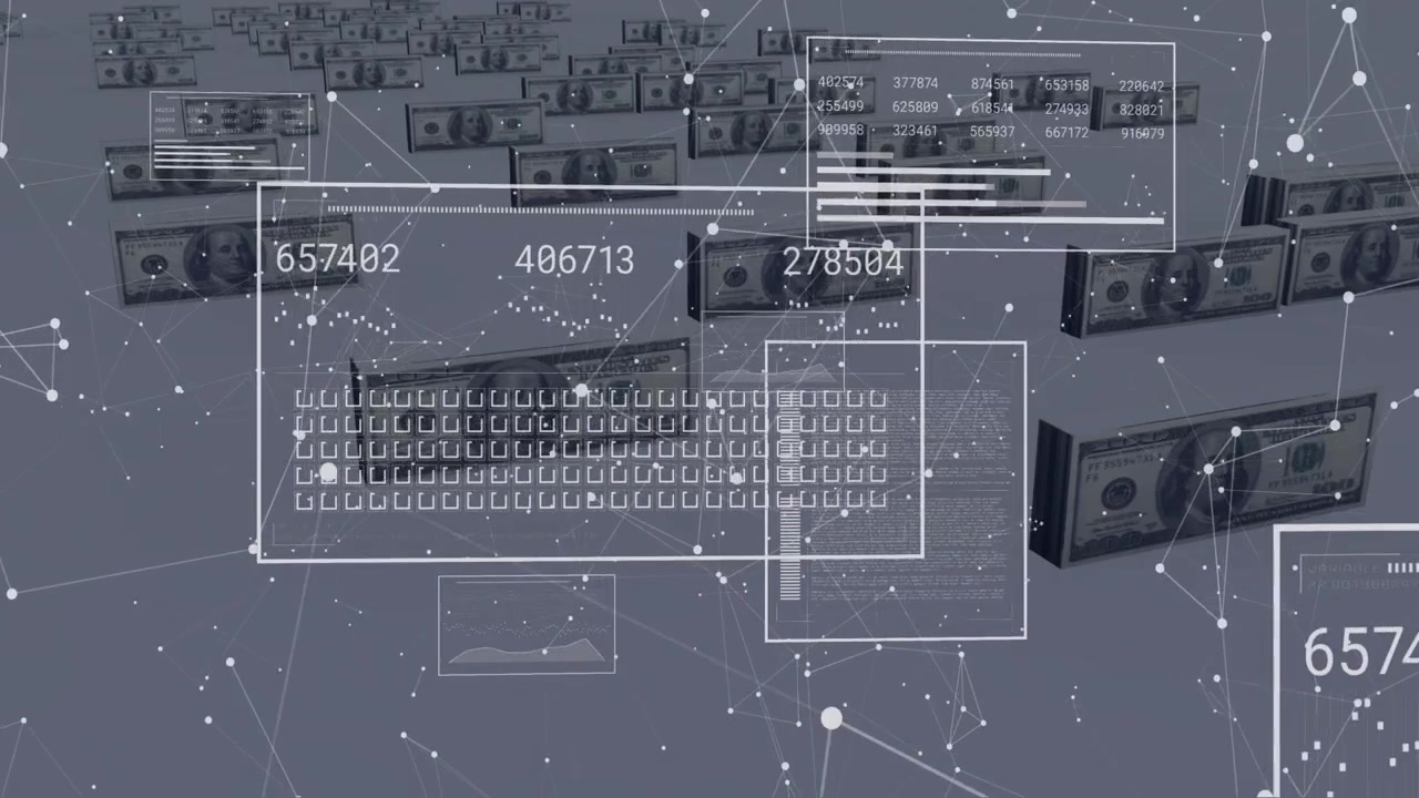 Un frame UI traslucido appare, attivando un pannello dati che aggiorna numeri in pila, mostrando dati finanziari.