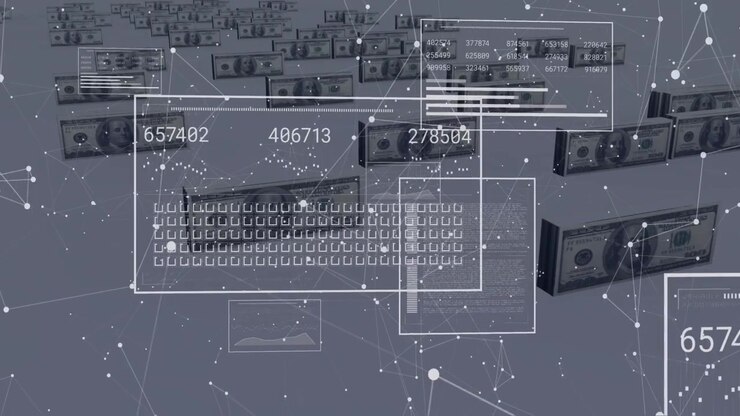 Translucent UI frame appearing triggers data panel updating numbers stacking showing finance data