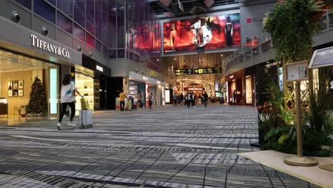 shoppers walking through a busy mall corridor