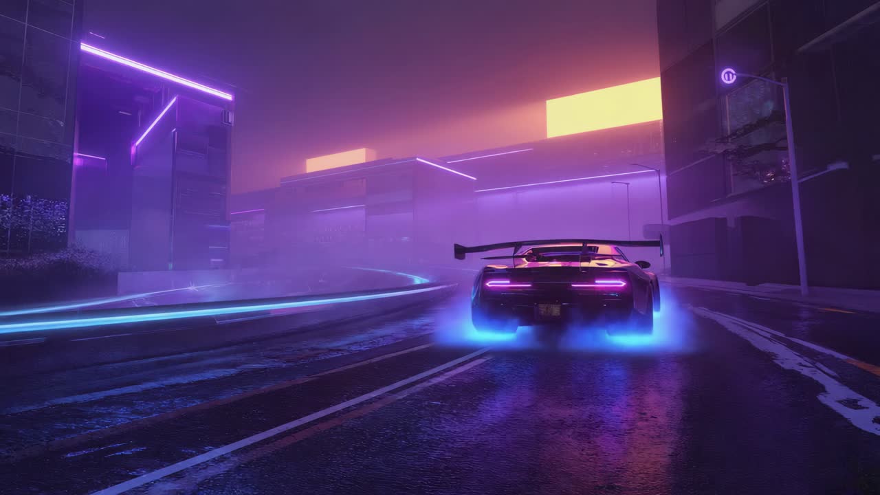 Auto cyberpunk su una strada cittadina illuminata al neon di notte