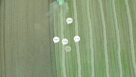 harvesting field, tractor with animation of chat bubble icons in countryside