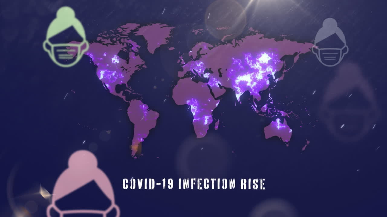 humanos usando ícones de máscara de rosto contra o mapa do mundo
