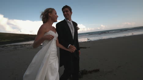 cheerful newlywed couple walking and kissing on the beach