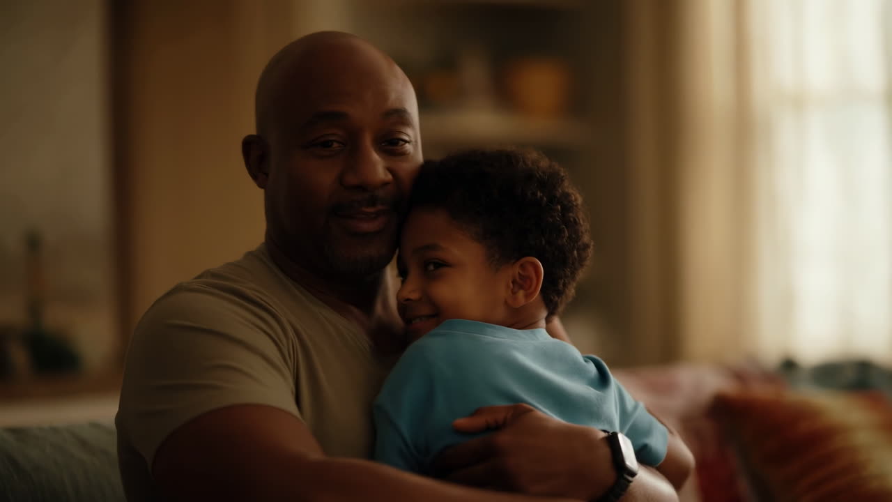 Loving Father Hugging His Young Son Indoors