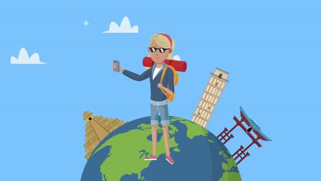 turista femenina con teléfono inteligente y puntos de referencia