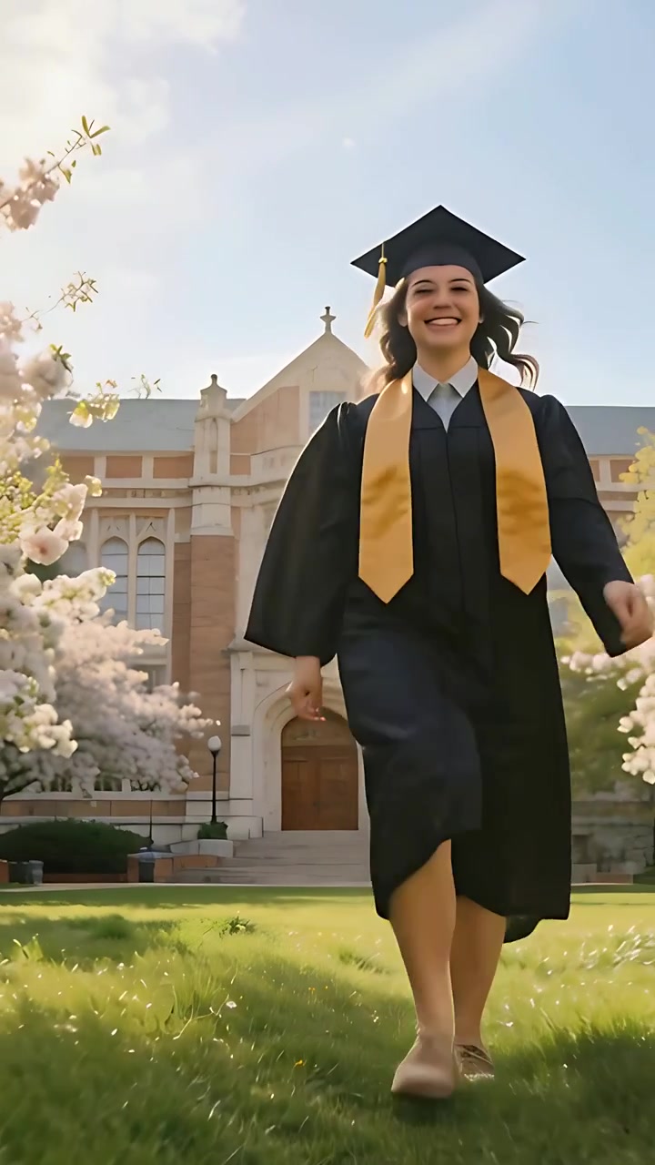 Video verticale: Donna laureata che corre e festeggia la laurea, camminando verso la telecamera sul prato, indossando la toga