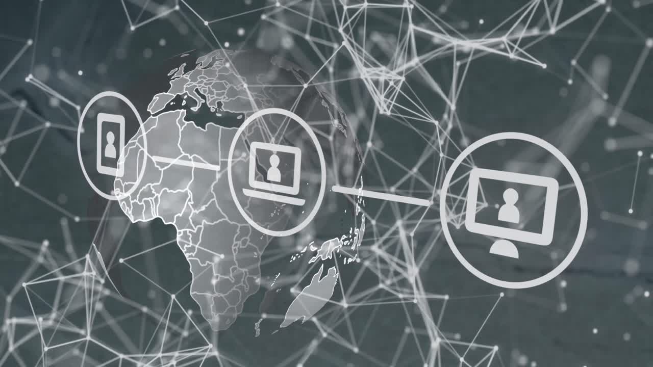 animación de iconos digitales y red de conexiones sobre un globo giratorio contra un fondo gris.