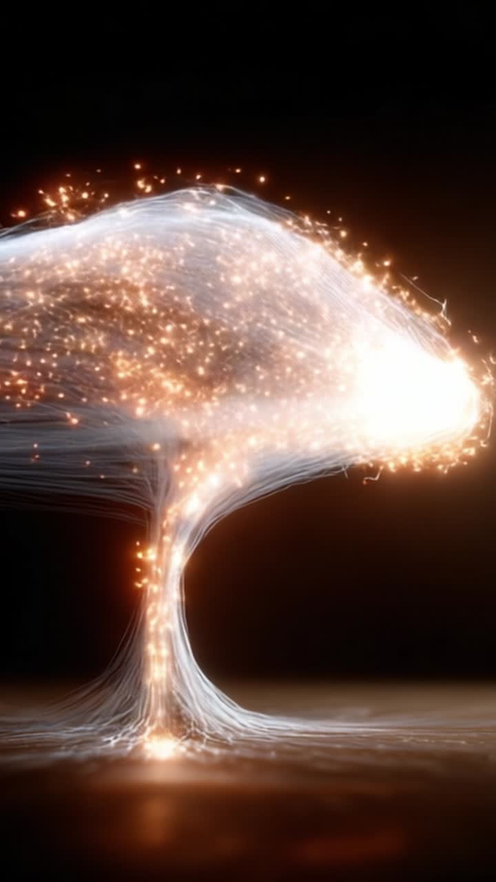 Captivating Transformation of a Light Tree: A Stunning Display of Radiant Particles Merging and Evolving Through Dynamic Shapes and Illuminated Flows