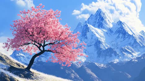 pink cherry blossom tree on snowy mountain