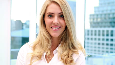 pretty blonde businesswoman smiling at camera