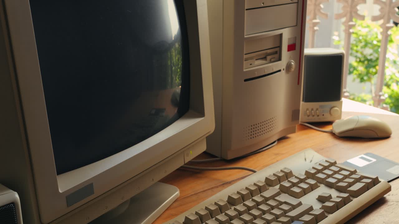 BARCELONA, SPAIN, 10 JUNE 2025. Man working and gaming on retro computer PC, IT engineer with vintage computer at home, using old fashion technology, close up of retro setup.