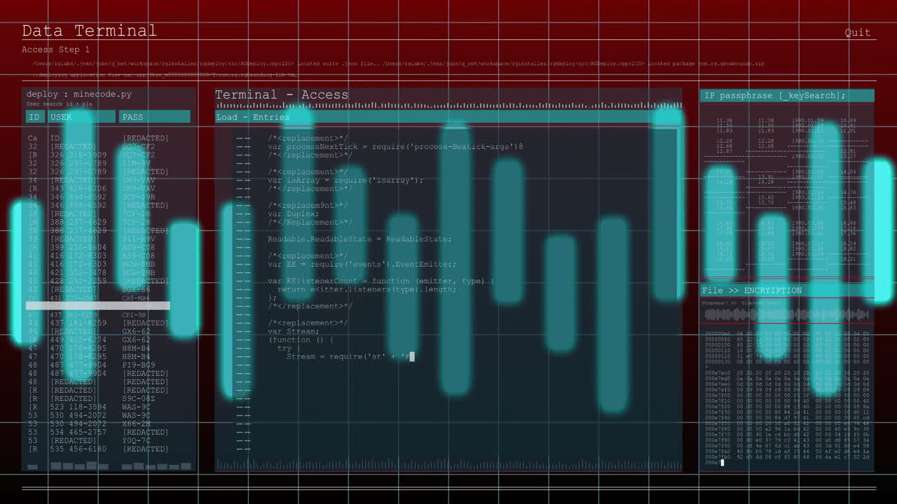 Animation of code and graphical data visualization on data terminal interface