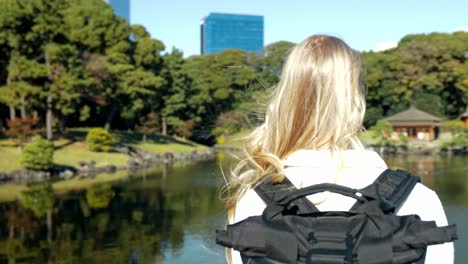 a photographer stands on a bridge in hamarikyu gardens, tokyo, gazing at the serene lake below.