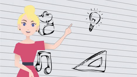 animación de una mujer hablando sobre dibujos escolares