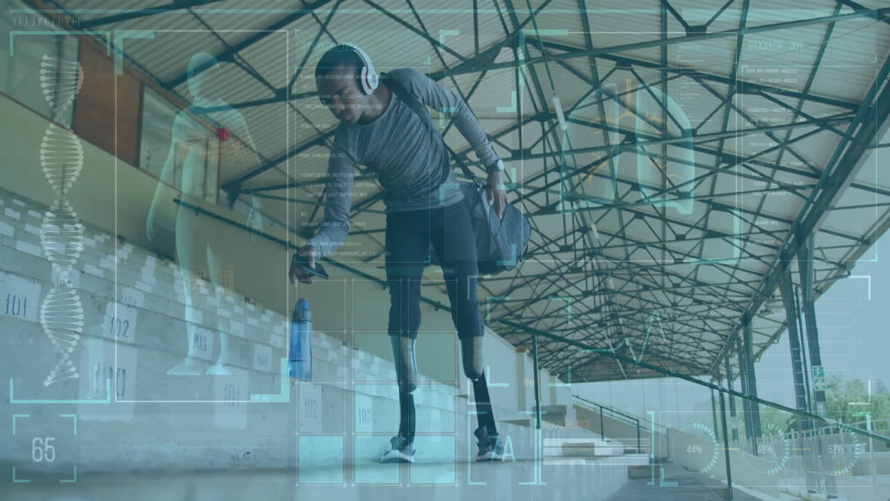 Man holding water bottle and wearing headphones, fitness data animation over stadium