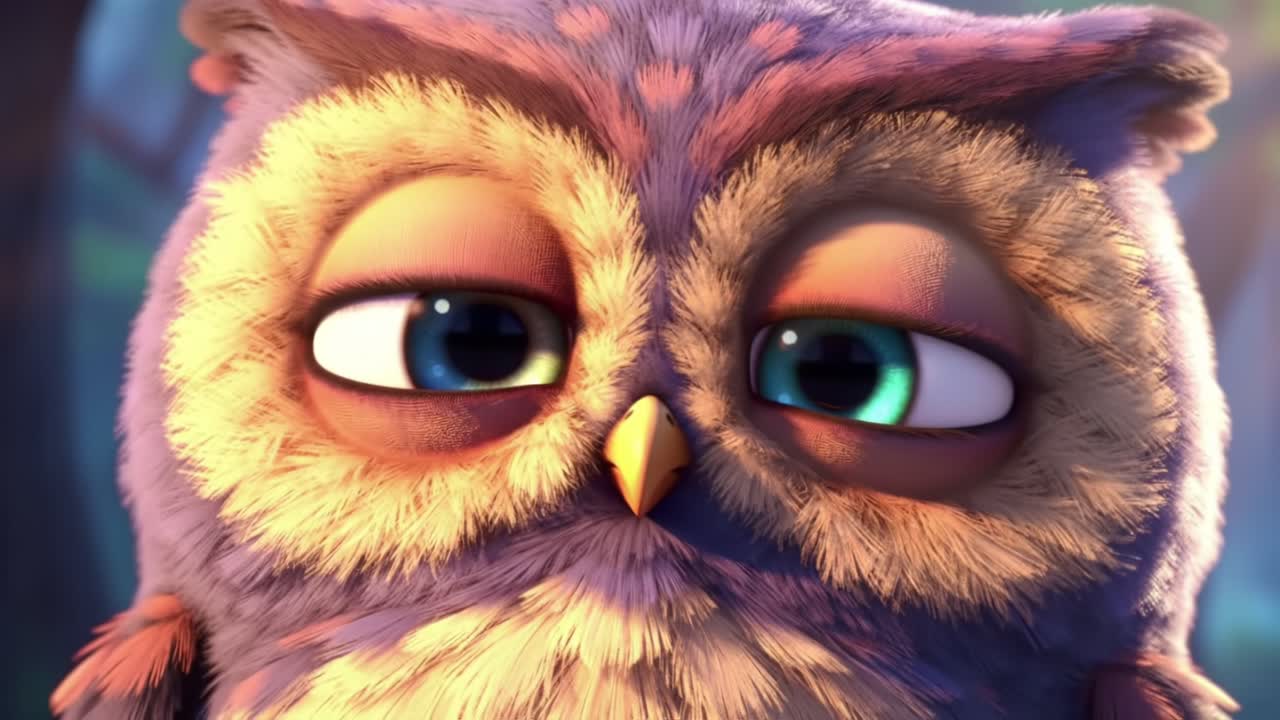 Un viaggio attraverso gli occhi di un gufo affascinante: catturare le espressioni sottili di un personaggio animato giocoso in due fotogrammi