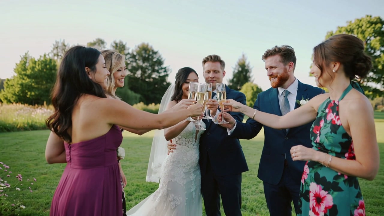 Raising flutes, groom initiating toast; bride in lace gown and veil clinking on lawn for wedding