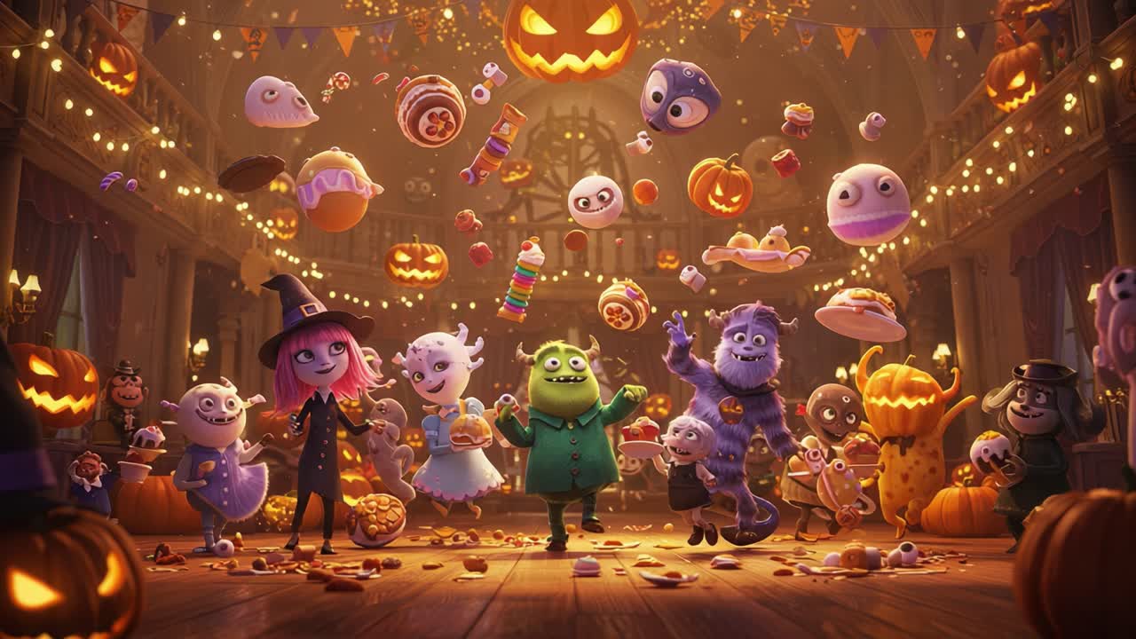A Colorful Halloween Celebration with Whimsical Characters and Festive Decorations, Featuring Pumpkins, Treats, and Enchanting Atmosphere in a Spooky Venue