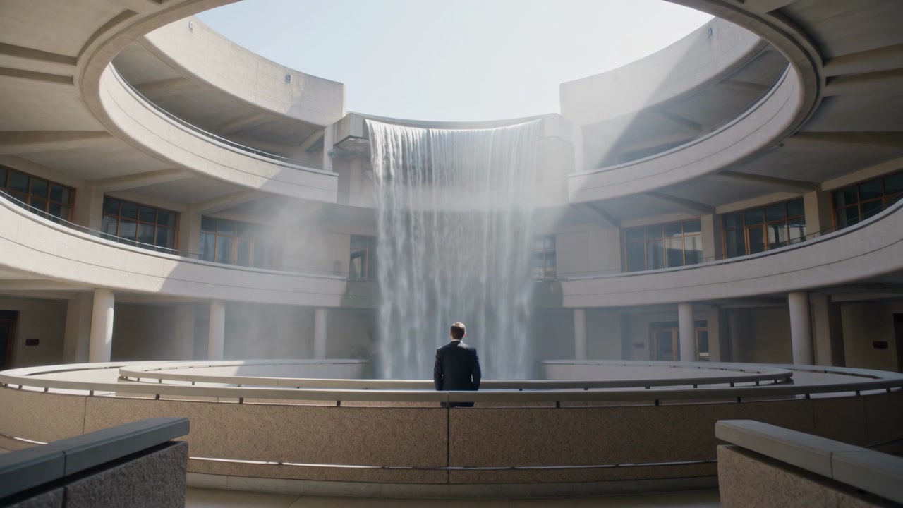 Standing suited man at rail watching waterfall at tiered atrium sun lighting mist, camera pulling