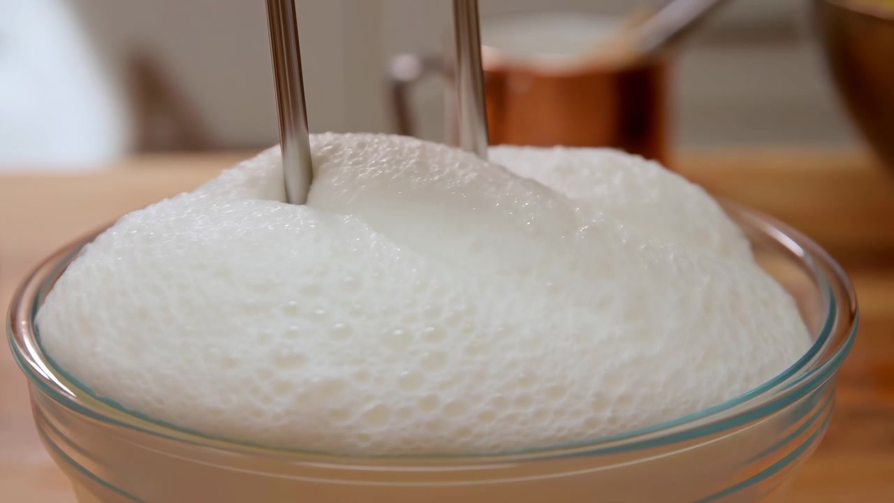 Una vista ravvicinata della panna montata neutra che viene montata in una ciotola di vetro usando uno sbattitore elettrico su un piano di lavoro della cucina. Il processo è catturato in un ambiente cucina luminoso con elementi bianchi.