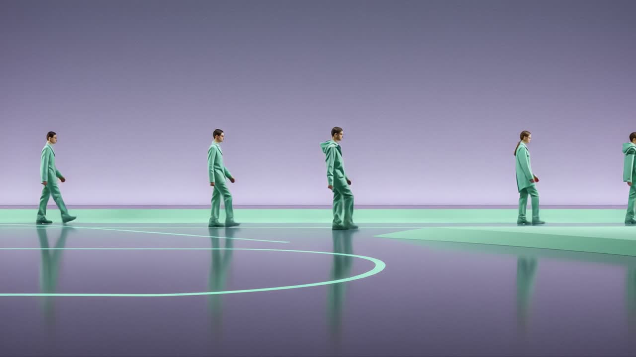 A dynamic progression of movement, showcasing a figure in coordinated green attire walking through a stylized futuristic environment, emphasizing motion and design