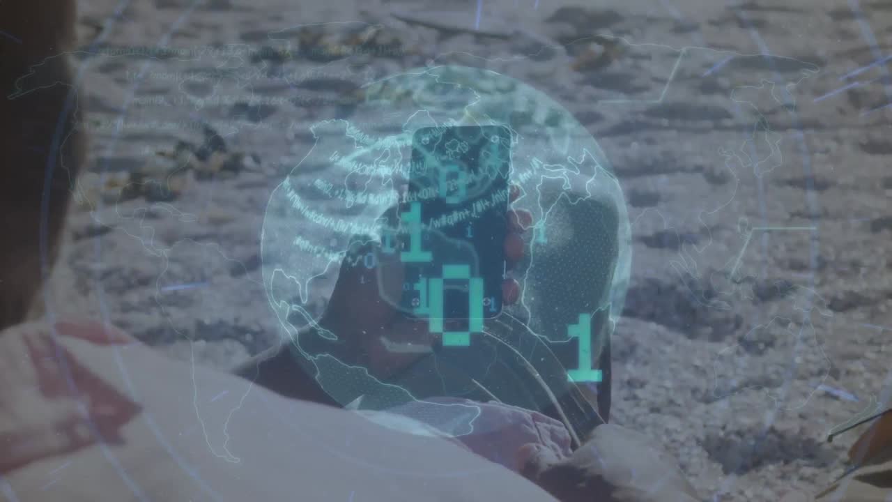 animación del globo sobre un hombre afroamericano de alto nivel en la playa