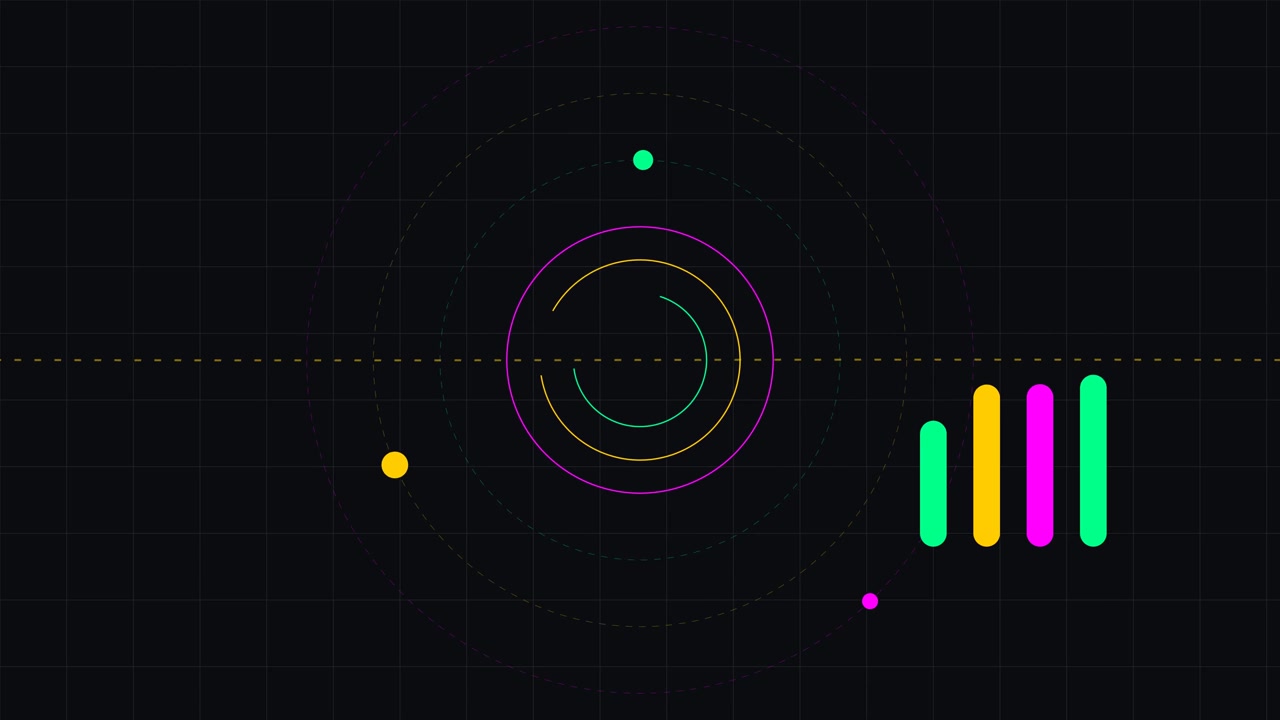 Abstract Motion Graphics with Rotating Orbs and Animated Bar Chart