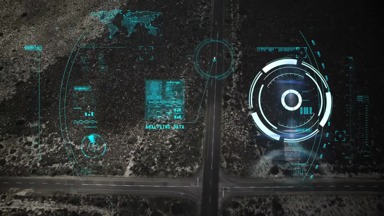 Animation of scope scanning and data processing over cityscape