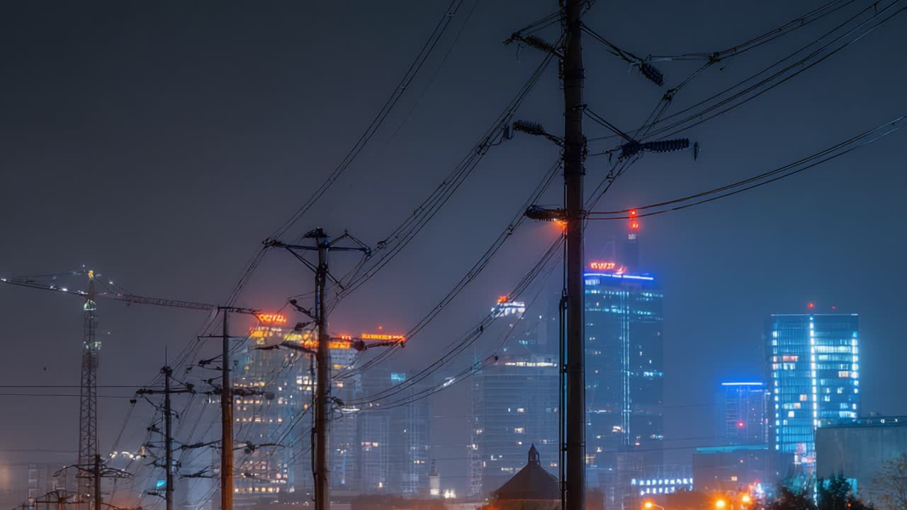 Dramatic Urban Skyline at Night with Power Lines and a Foggy Atmosphere Illuminated by City Lights in a Distant Metropolitan Landscape