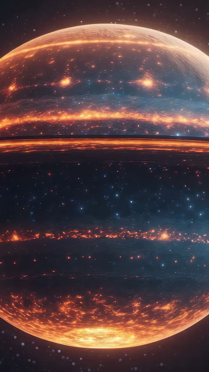 Vertical video: Revealing gas giant planet slowly rotating in outer space, with fiery orange ring