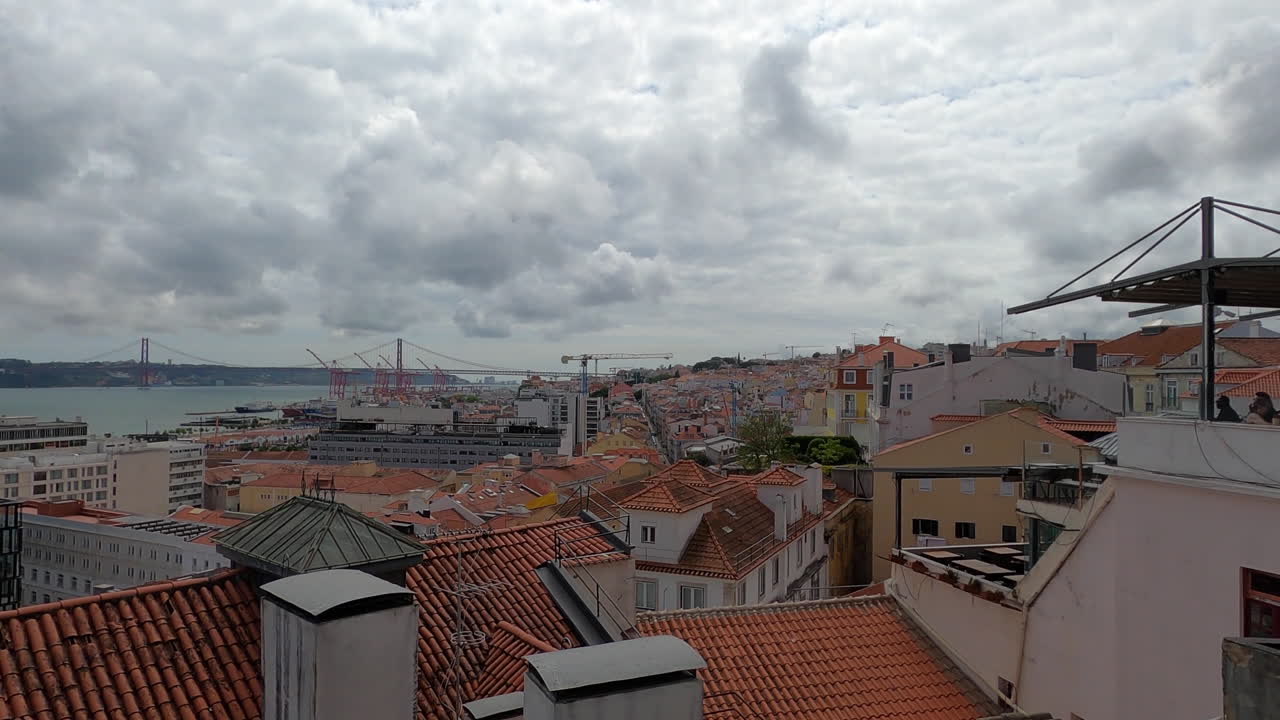 Miradouro Rooftop Viewpoint Of Lisbon Skyline With Cloudy Sky