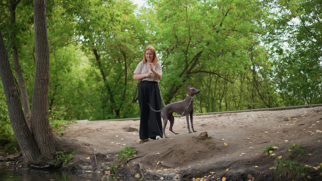 Lady Relaxing By Peaceful Water, Woman Accompanied By Her Dog Rests Beside Tranquil Waters Surrounded By Trees, Lady And Her Dog Enjoy Calm Moment By Gentle River In Lush Green Surroundings