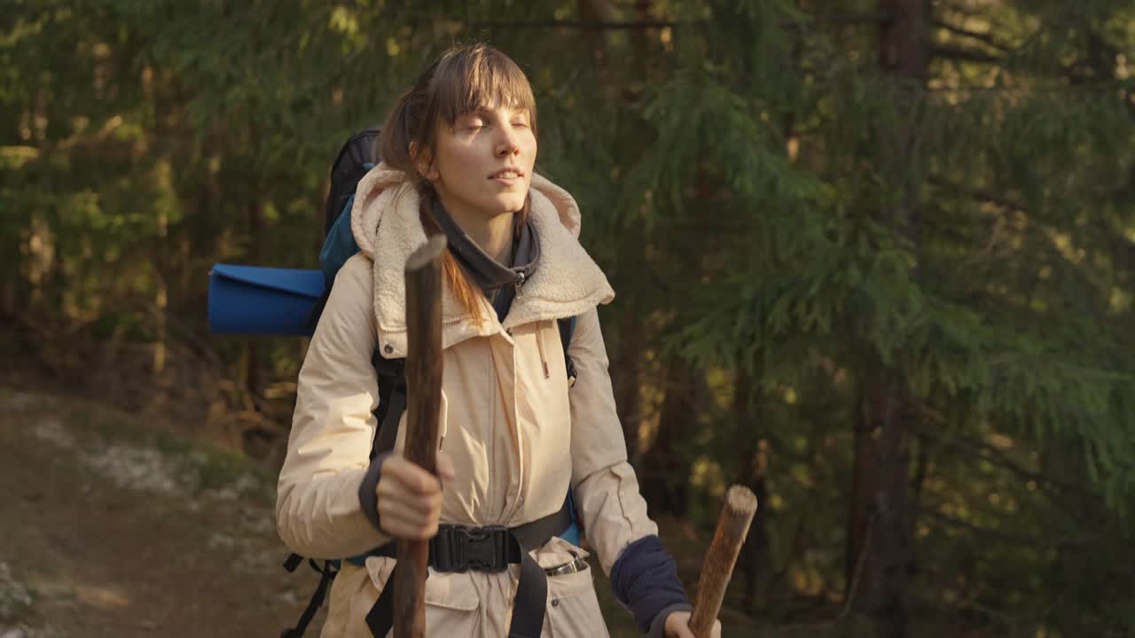 mujer caminando en el bosque